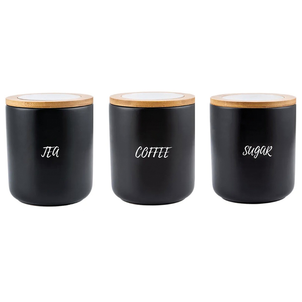 Frasco Contenedor alimentos ceramica tapa bambú hermético Set x 3 Negro
