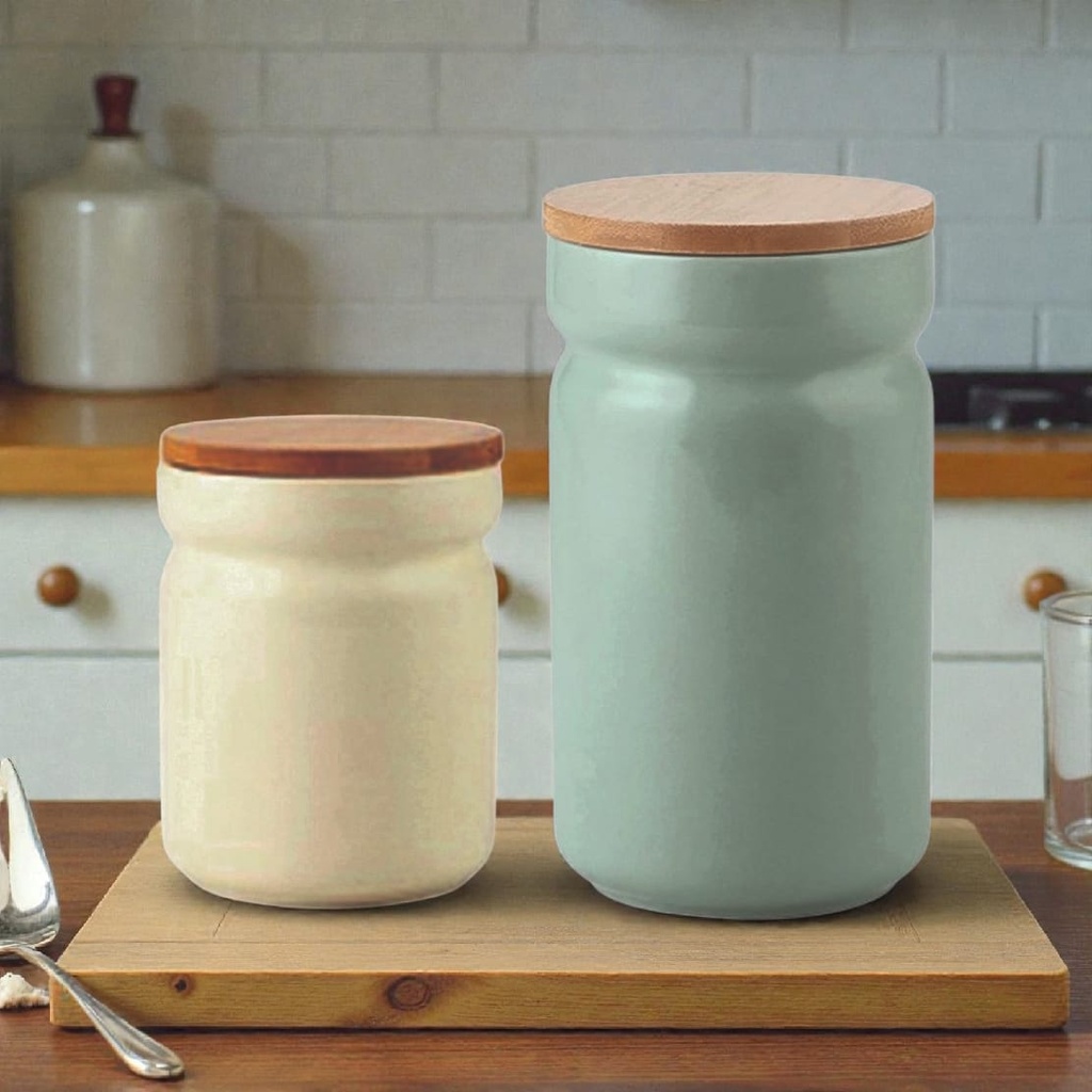 Contenedor de alimentos ceramica tapa bambú Set x 2