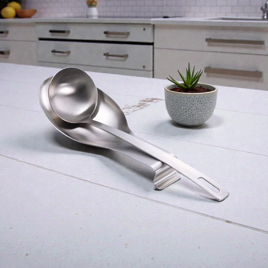 Reposa espumadera cucharon sobre mesada metálica Plateado