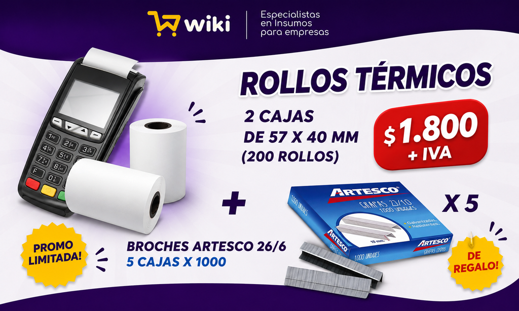 PROMO WEB 1 - 200 rollos pos 57x40 + 5 cajas x 1000 broches artesco 26/6 DE REGALO!