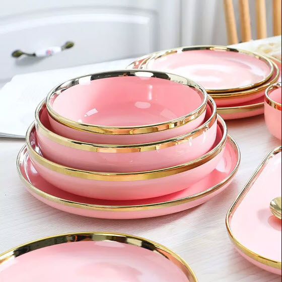 Juego de vajilla porcelana 24 piezas borde dorado rosa