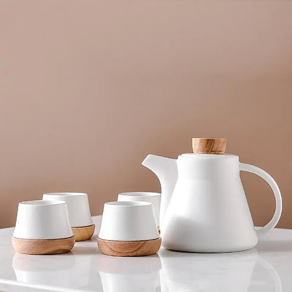 Juego de té  ceramica madera 4 servicios   Celeste o blanco Tetera y cuatro cuencos Blanco