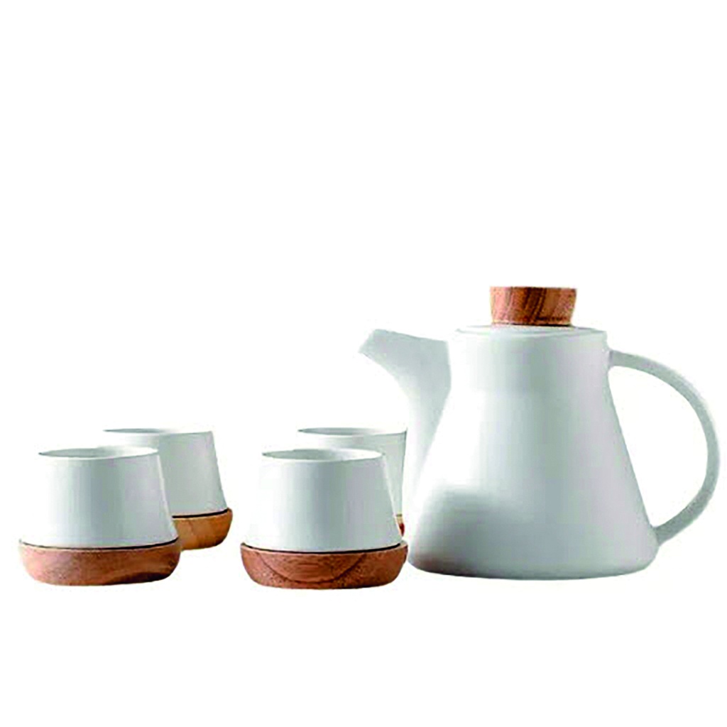 Juego de té  ceramica madera 4 servicios   Celeste o blanco Tetera y cuatro cuencos Blanco