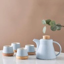 Juego de té ceramica madera 4 servicios   Celeste o blanco Tetera y cuatro cuencos Celeste