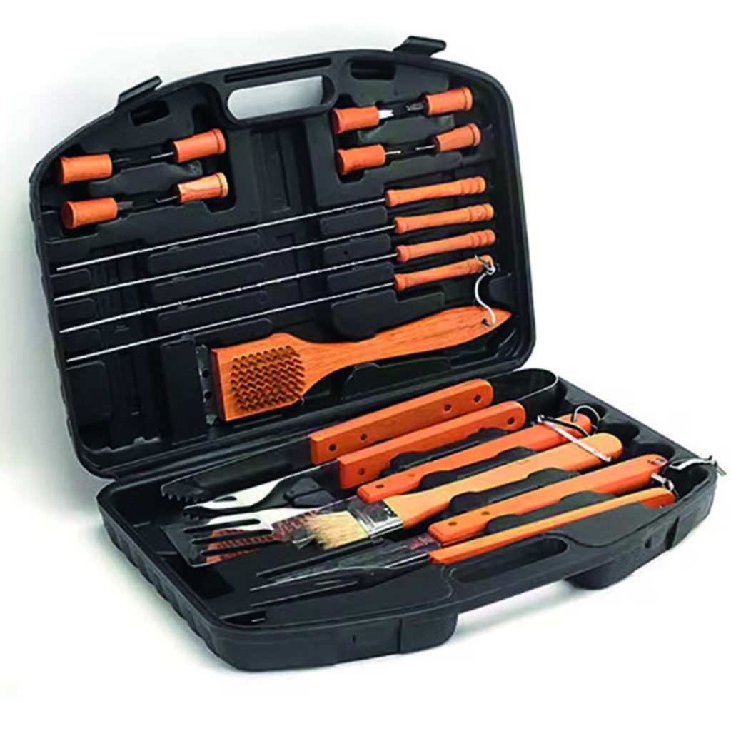 Set de parilla mango madera  18 piezas 
Estuche plastico 