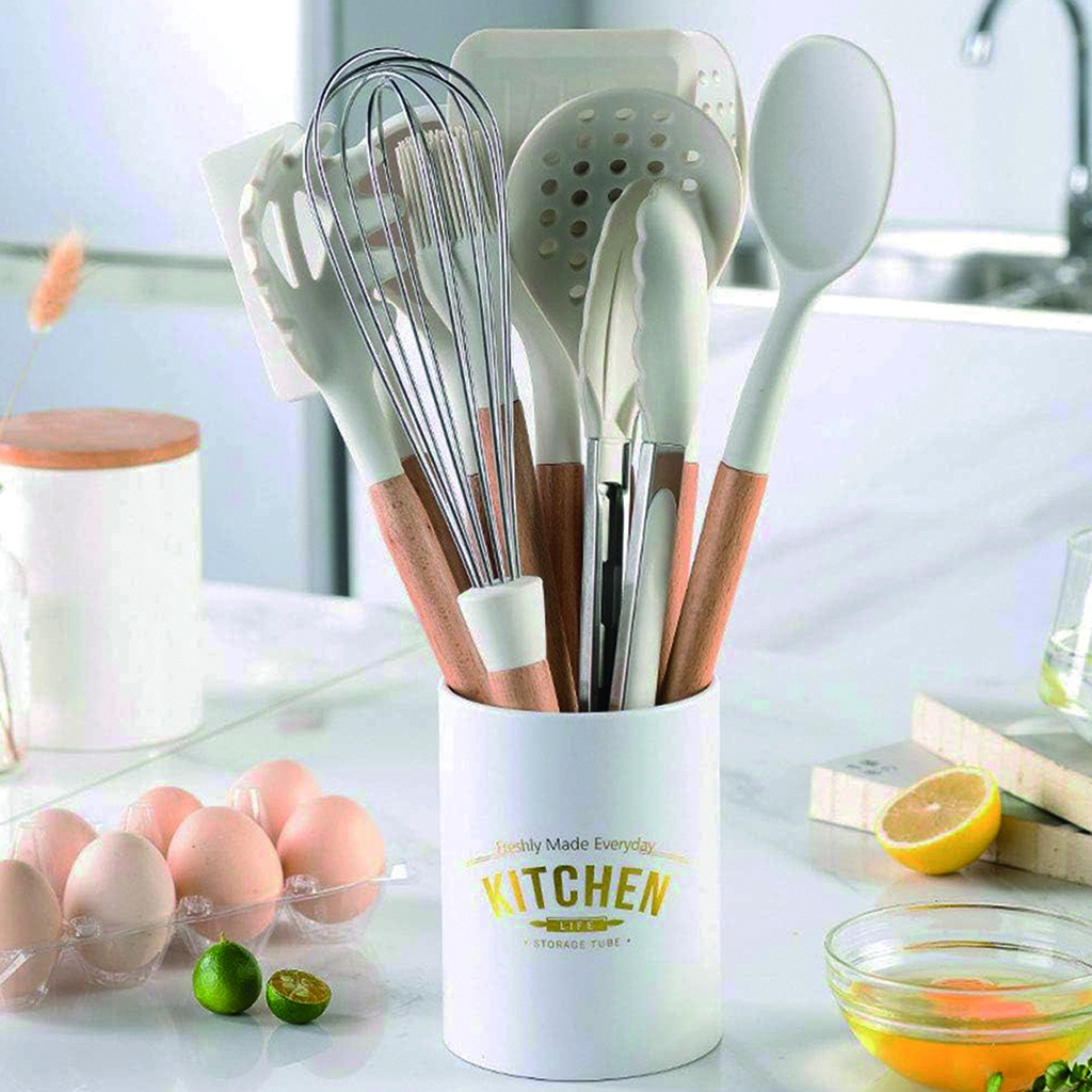 Utensilios madera silicona 13 piezas blanco