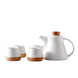 [DT2217B] Juego de té ceramica y madera 4 servicios Blanco