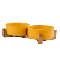 [DT4003A] Comedero bebedero ceramica base madera doble Amarillo