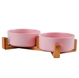 [DT4003R] Comedero bebedero ceramica base madera doble Rosa