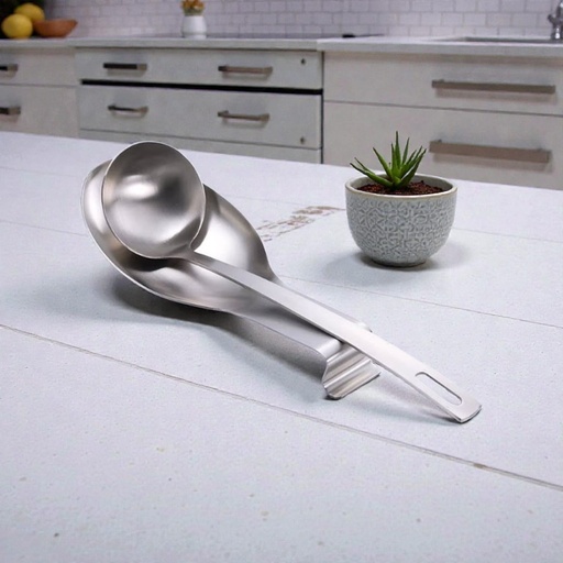 [DT2171P] Reposa espumadera cucharon sobre mesada metálica Plateado